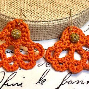 Crocheted Tangerine Cotton EARRINGS with Clay & Rhinestone Charms~Open Filligree